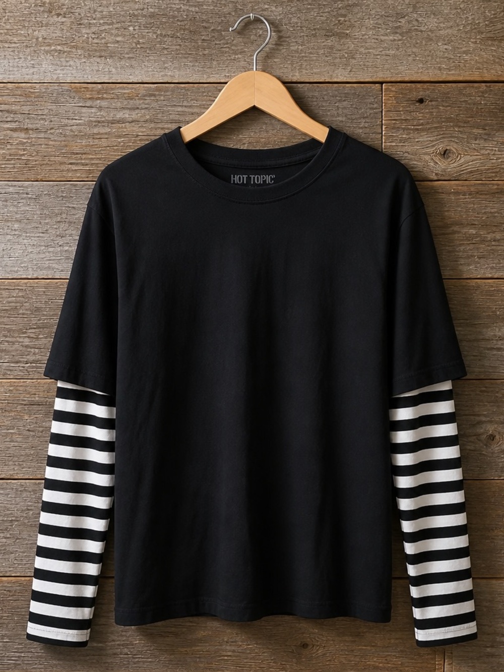 Hot Topic Black Tee with Black-and-White Striped Sleeves
